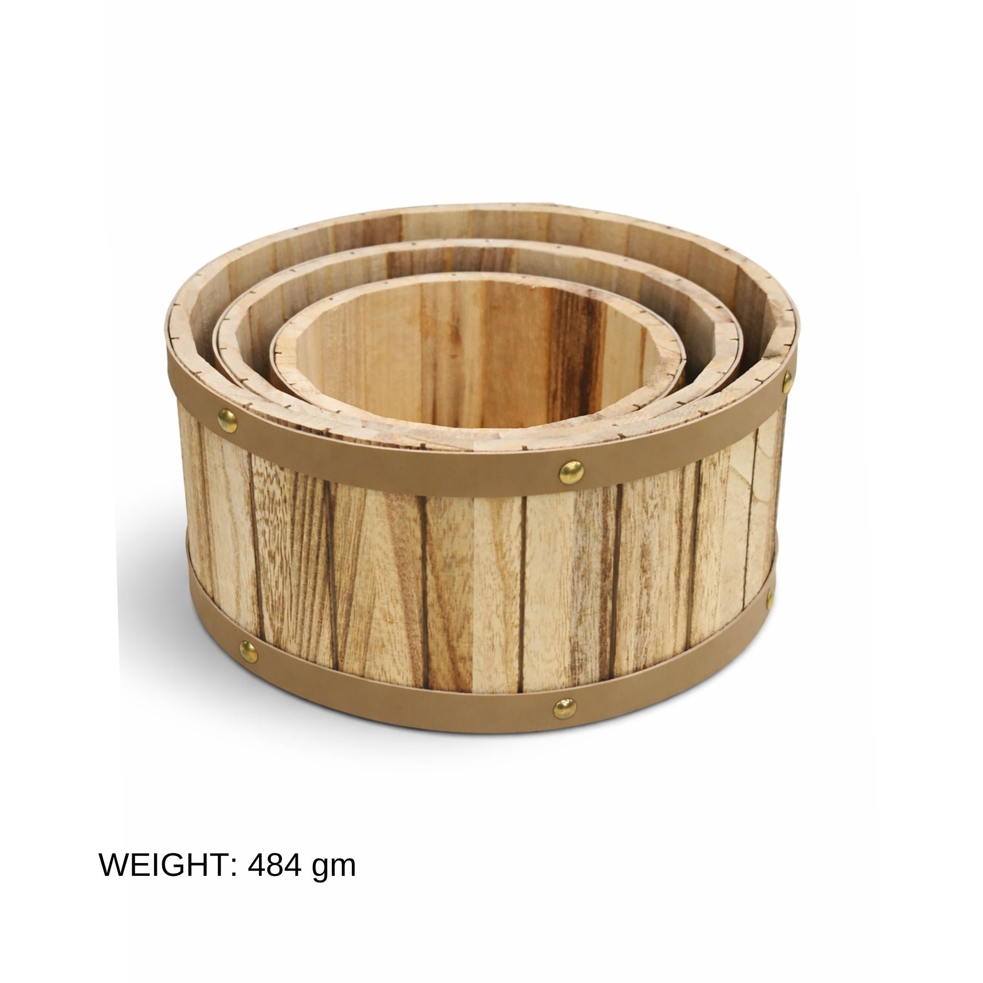 Barrel-Style Storage Wooden Containers with Gold Metal Bands- (Set of 3)