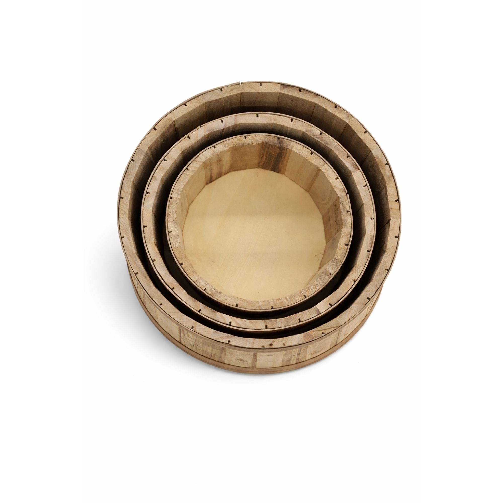 Barrel-Style Storage Wooden Containers with Gold Metal Bands- (Set of 3)