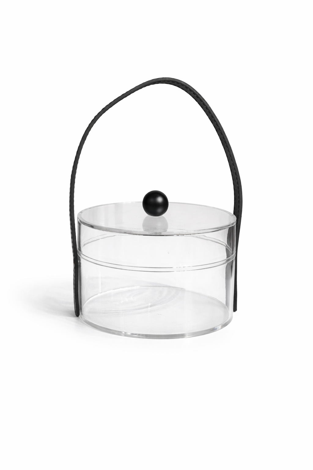 Clear Acrylic Round Basket with Lid and Black Leather