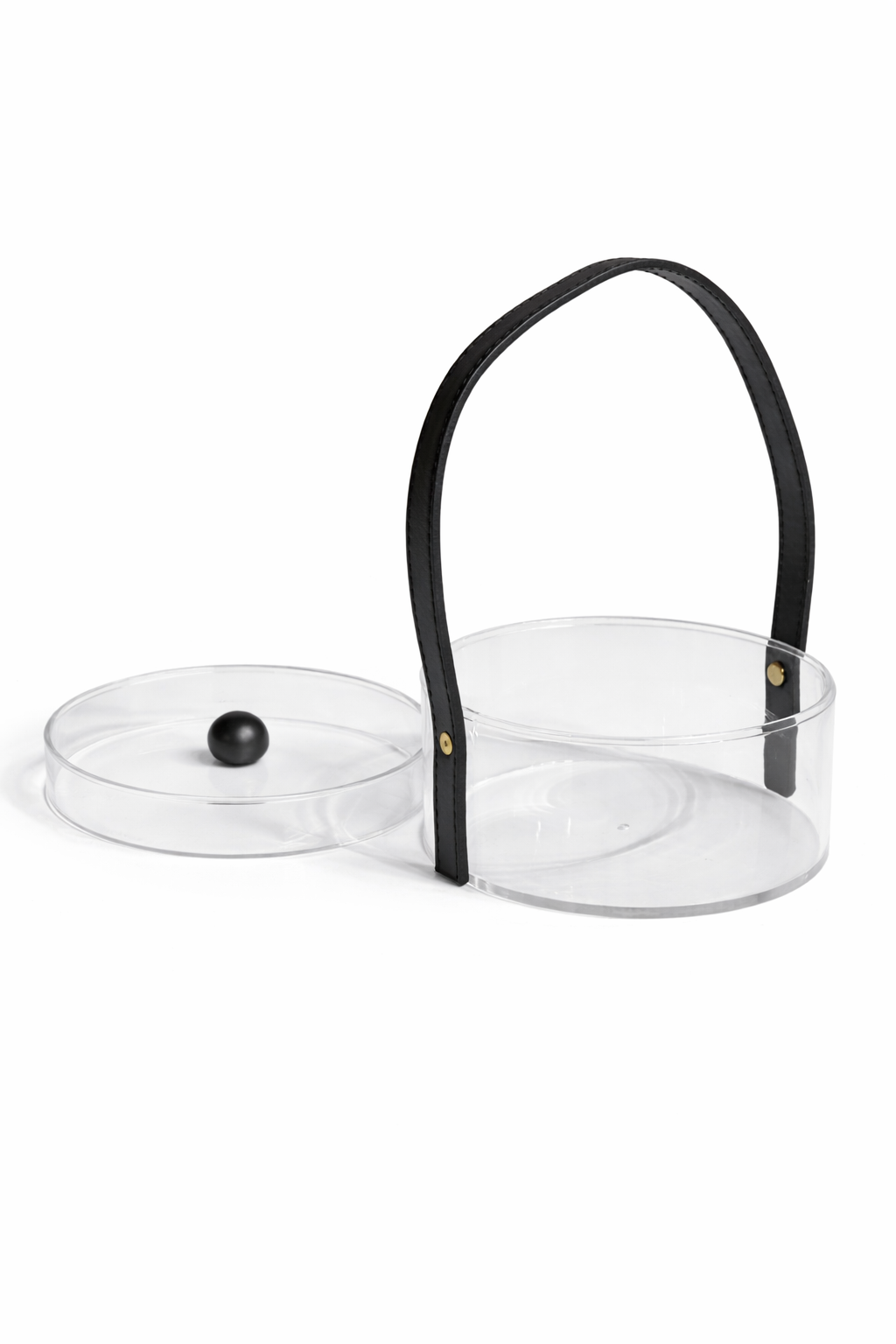 Clear Acrylic Round Basket with Lid and Black Leather