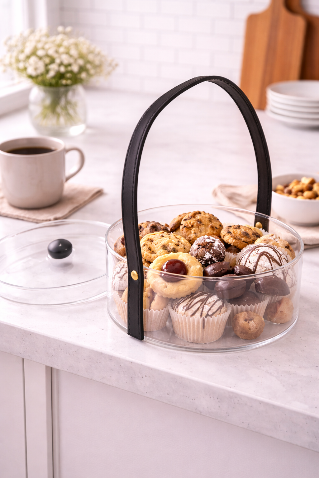 Clear Acrylic Round Basket with Lid and Black Leather