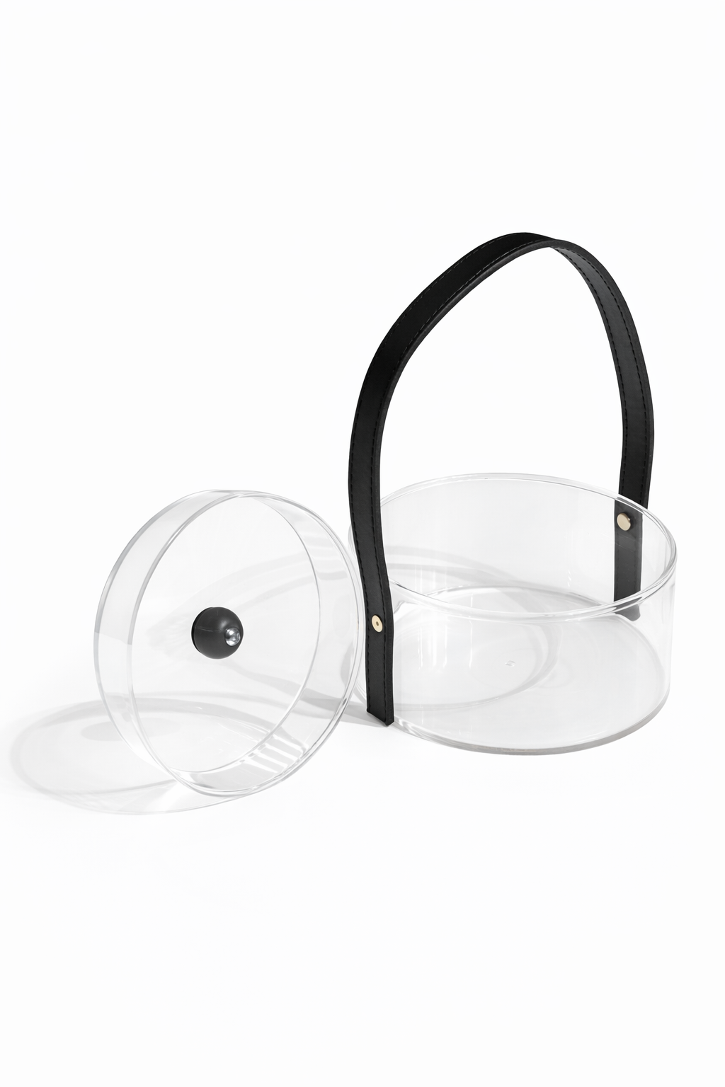 Clear Acrylic Round Basket with Lid and Black Leather