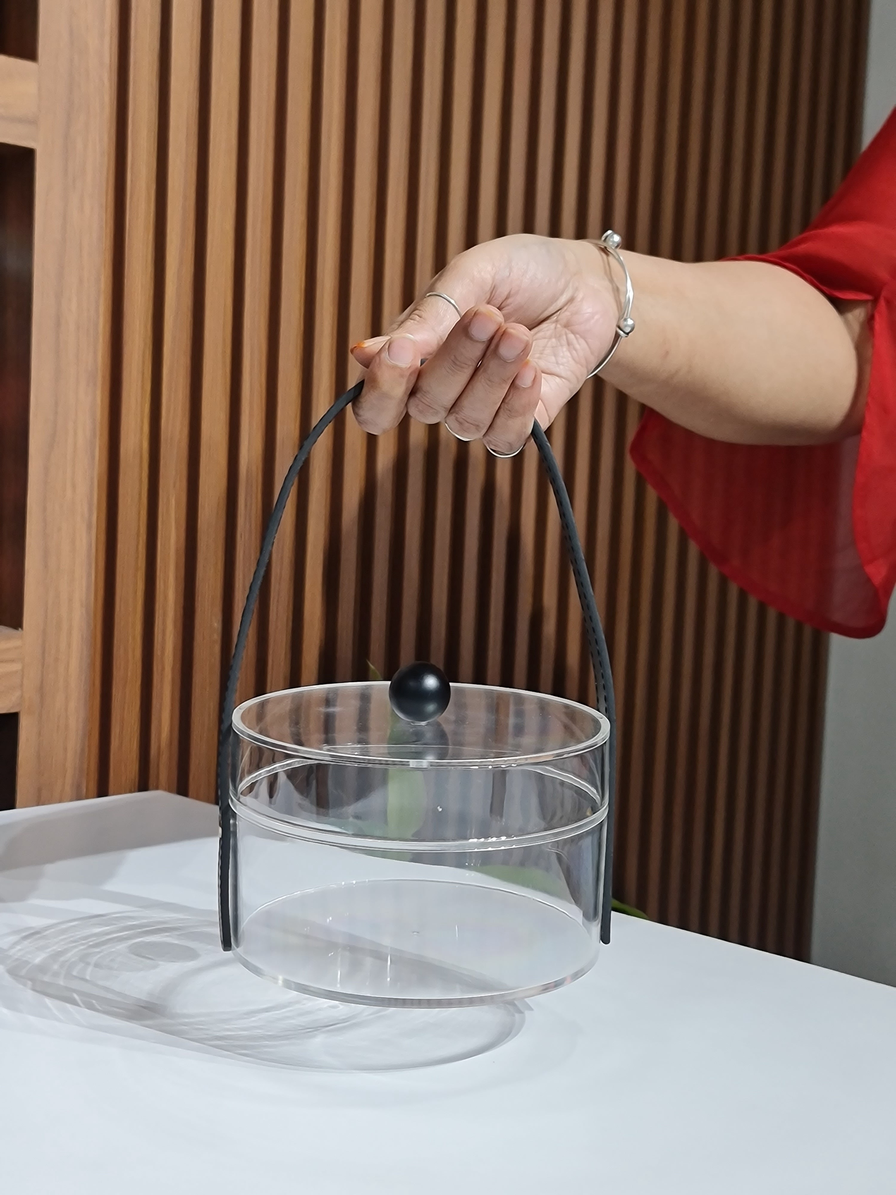 Clear Acrylic Round Basket with Lid and Black Leather