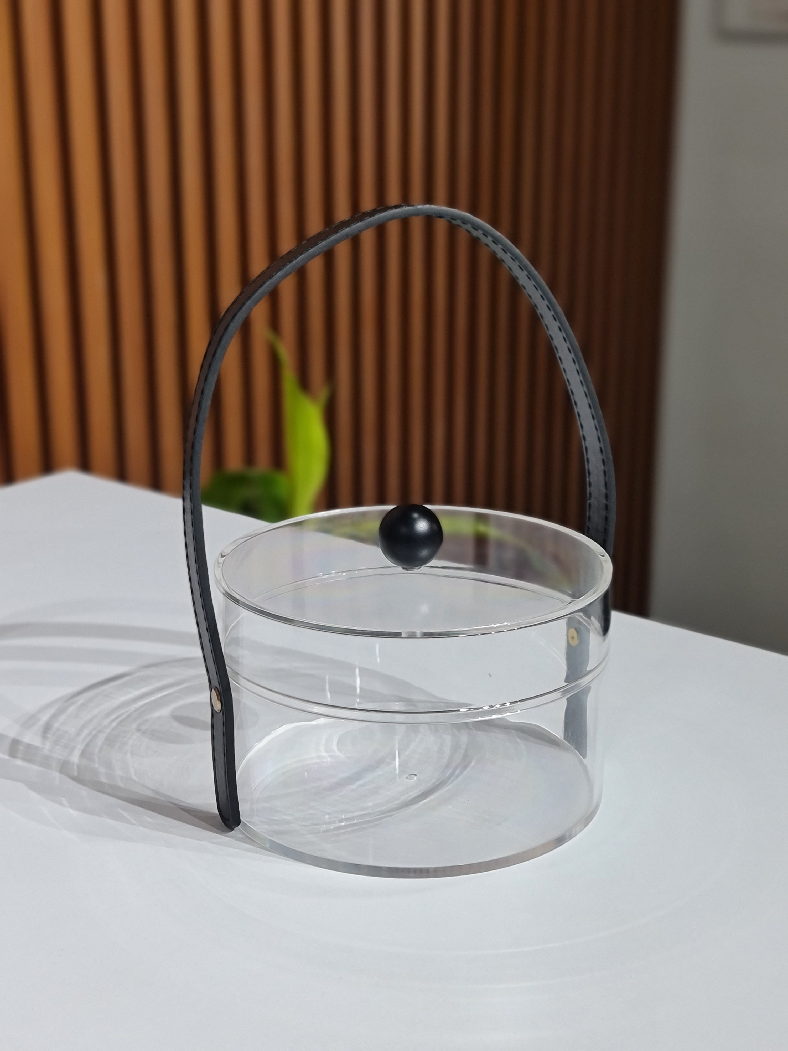 Clear Acrylic Round Basket with Lid and Black Leather