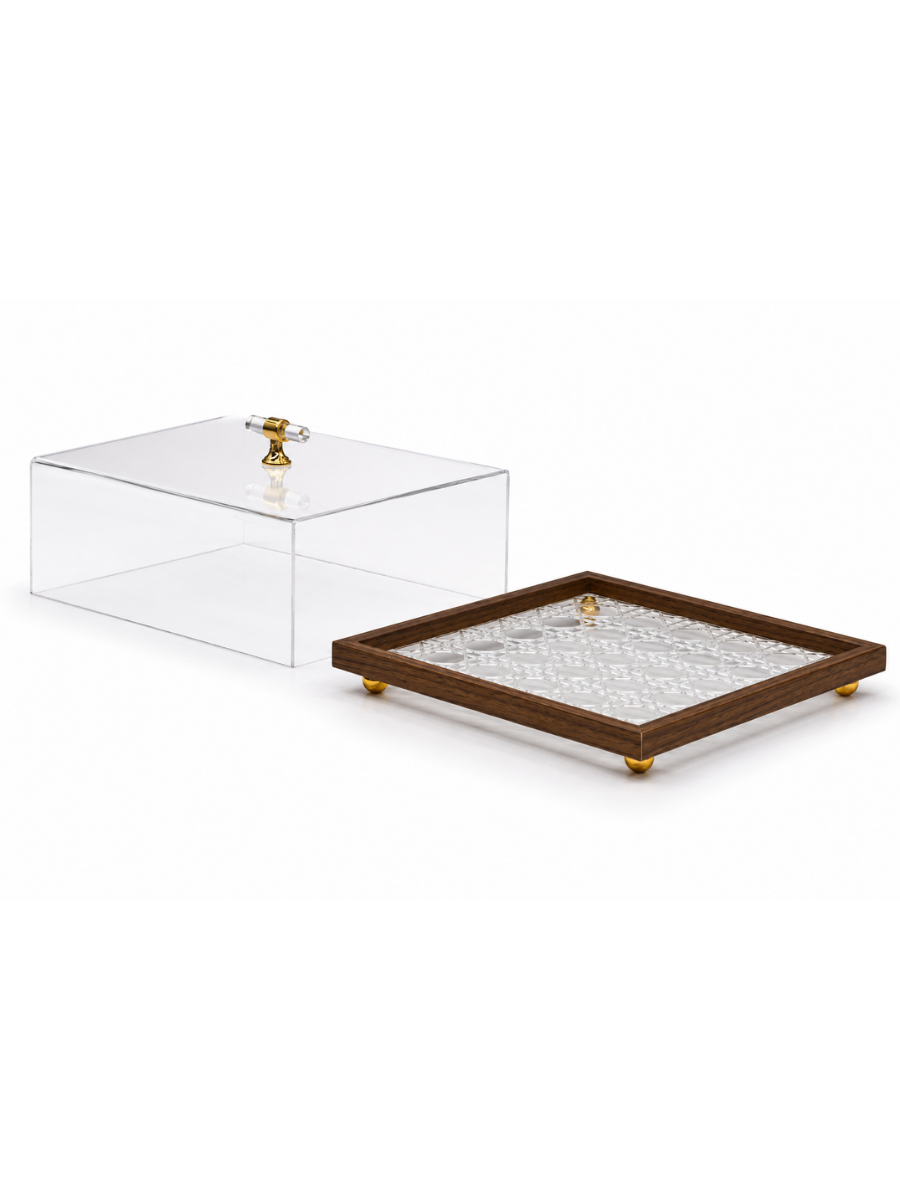 Square Crystal-Base Acrylic Display Box with Walnut Frame & Gold Accent Feet