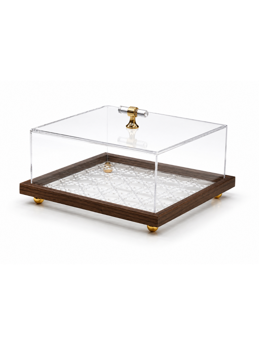 Square Crystal-Base Acrylic Display Box with Walnut Frame & Gold Accent Feet