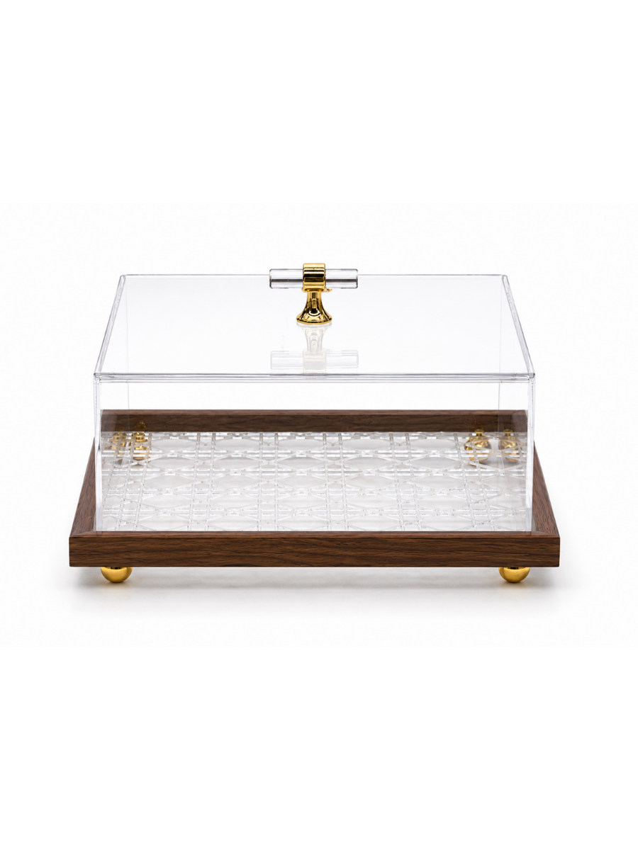 Square Crystal-Base Acrylic Display Box with Walnut Frame & Gold Accent Feet