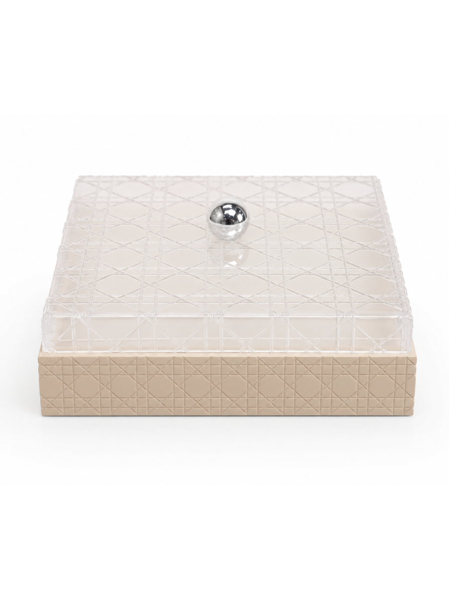 Cannage Crystal Lid Luxury Pastry & Décor Box — Cream & Silver
