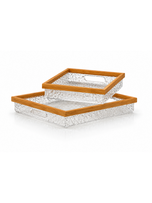 Acrylic & Natural Wood Frame Serving Tray Set of 2