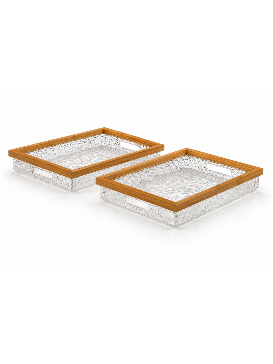 Acrylic & Natural Wood Frame Serving Tray Set of 2