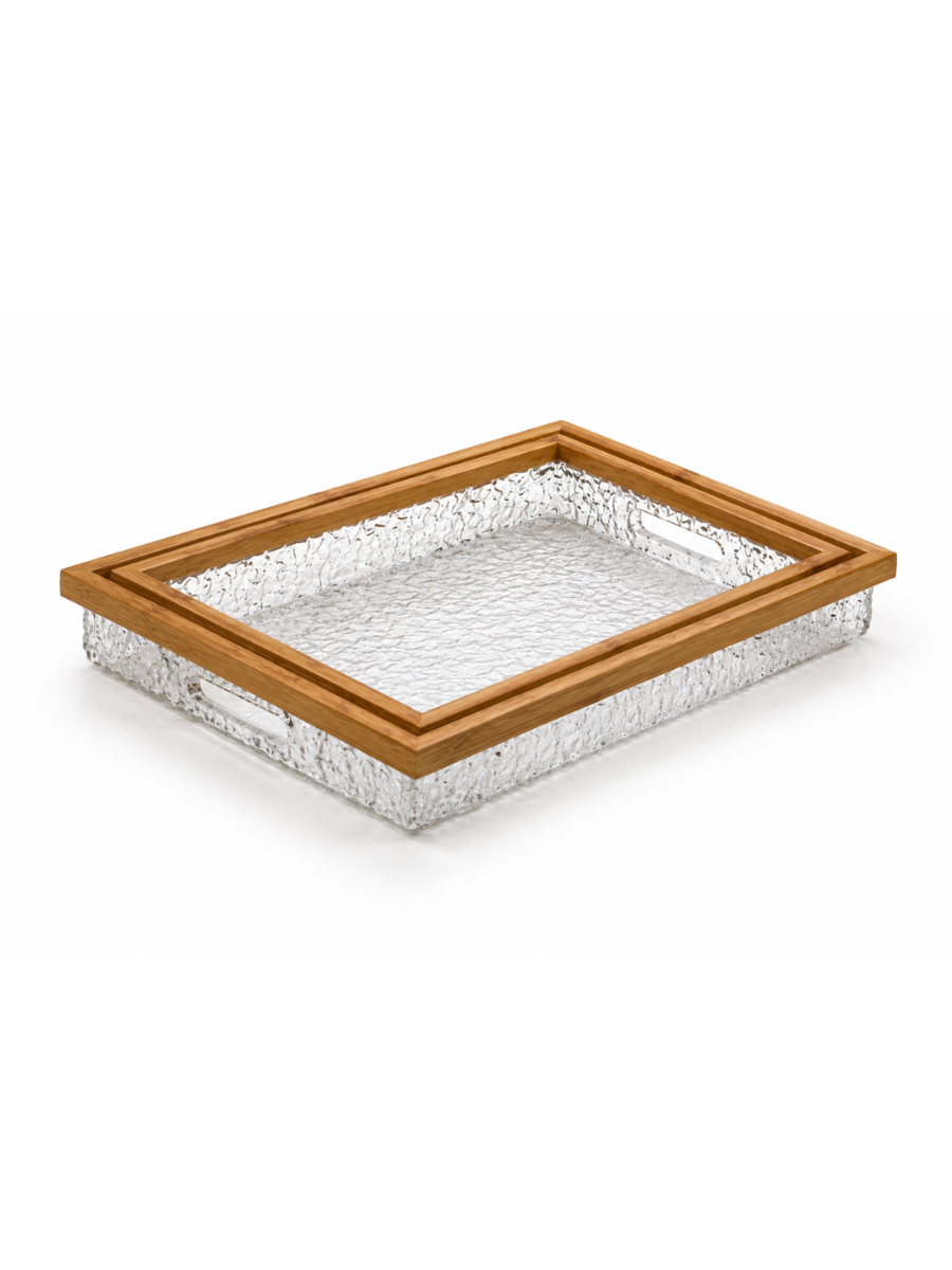 Acrylic & Natural Wood Frame Serving Tray Set of 2