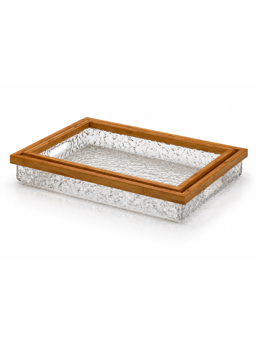 Acrylic & Natural Wood Frame Serving Tray Set of 2