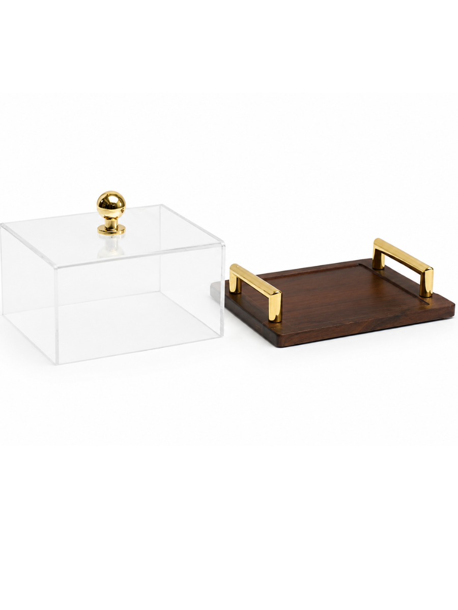 Luxury Wooden Display Tray with Acrylic Plexiglass Lid & Gold Handles