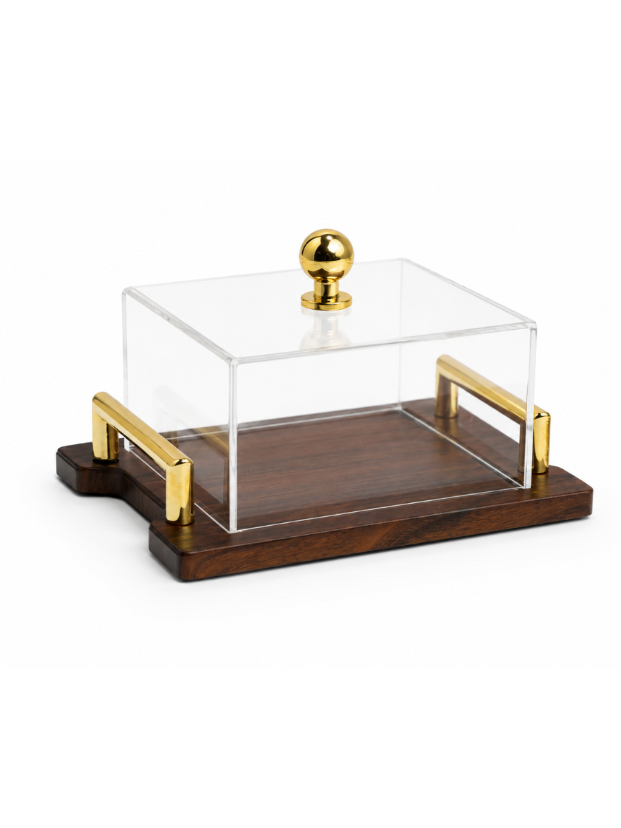 Luxury Wooden Display Tray with Acrylic Plexiglass Lid & Gold Handles