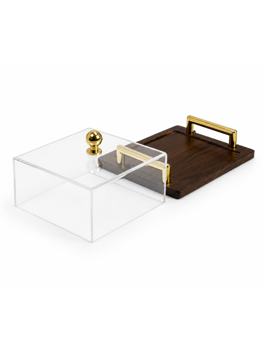 Luxury Wooden Display Tray with Acrylic Plexiglass Lid & Gold Handles