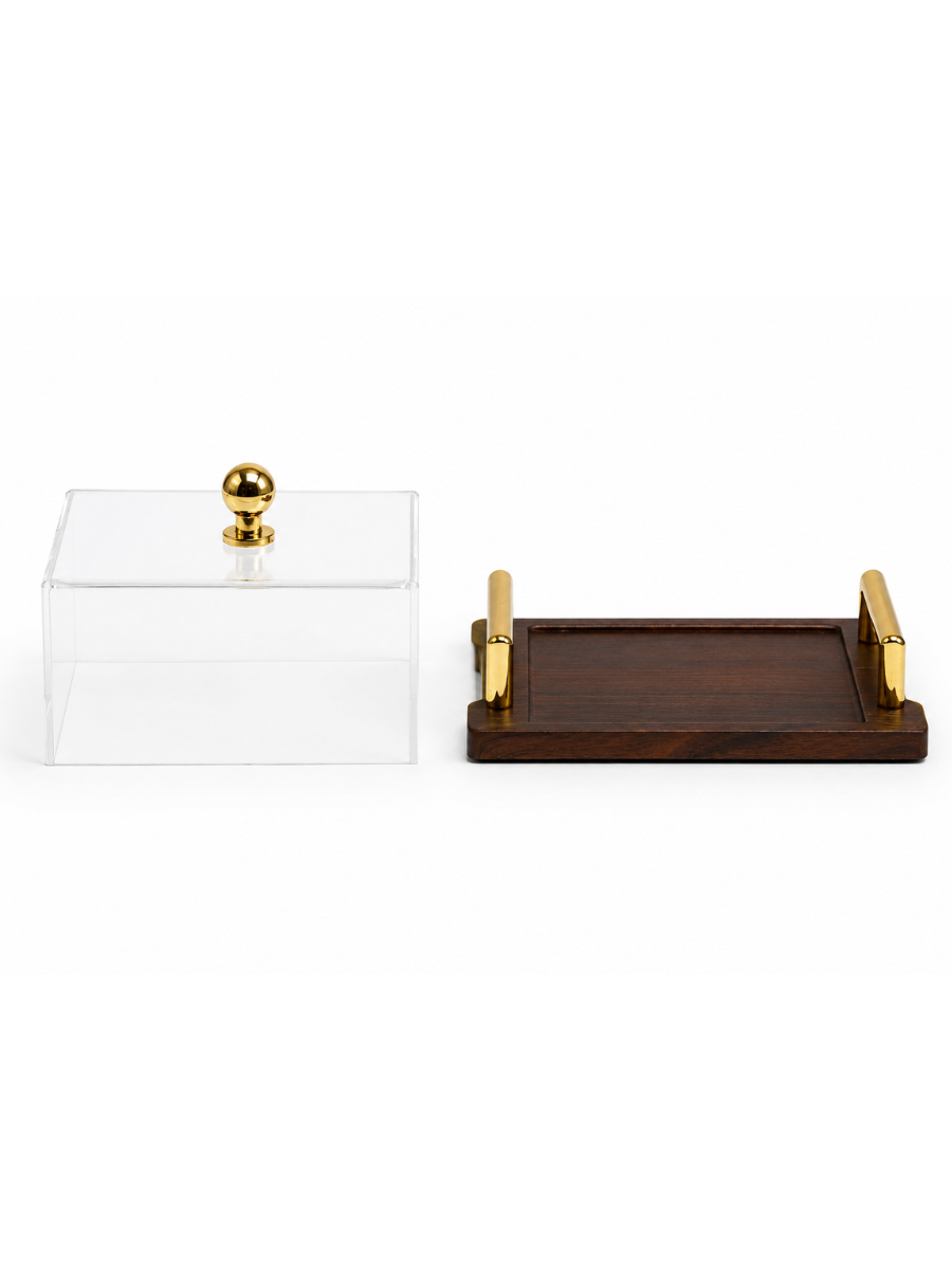 Luxury Wooden Display Tray with Acrylic Plexiglass Lid & Gold Handles