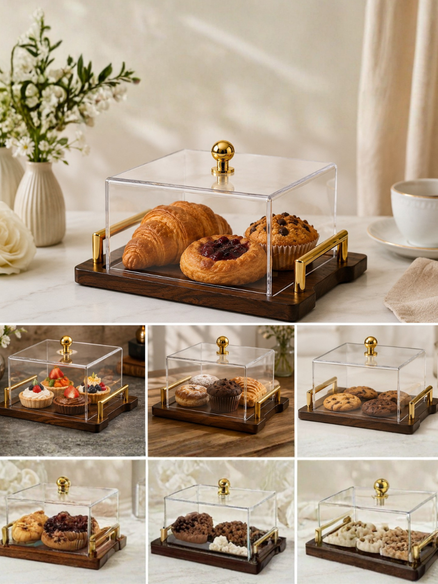 Luxury Wooden Display Tray with Acrylic Plexiglass Lid & Gold Handles