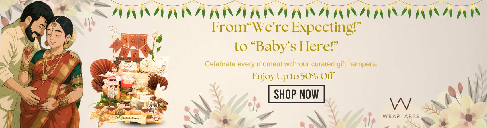 Promotional banner for a baby shower event with a couple and gift hamper, featuring text and a 'Shop Now' button.