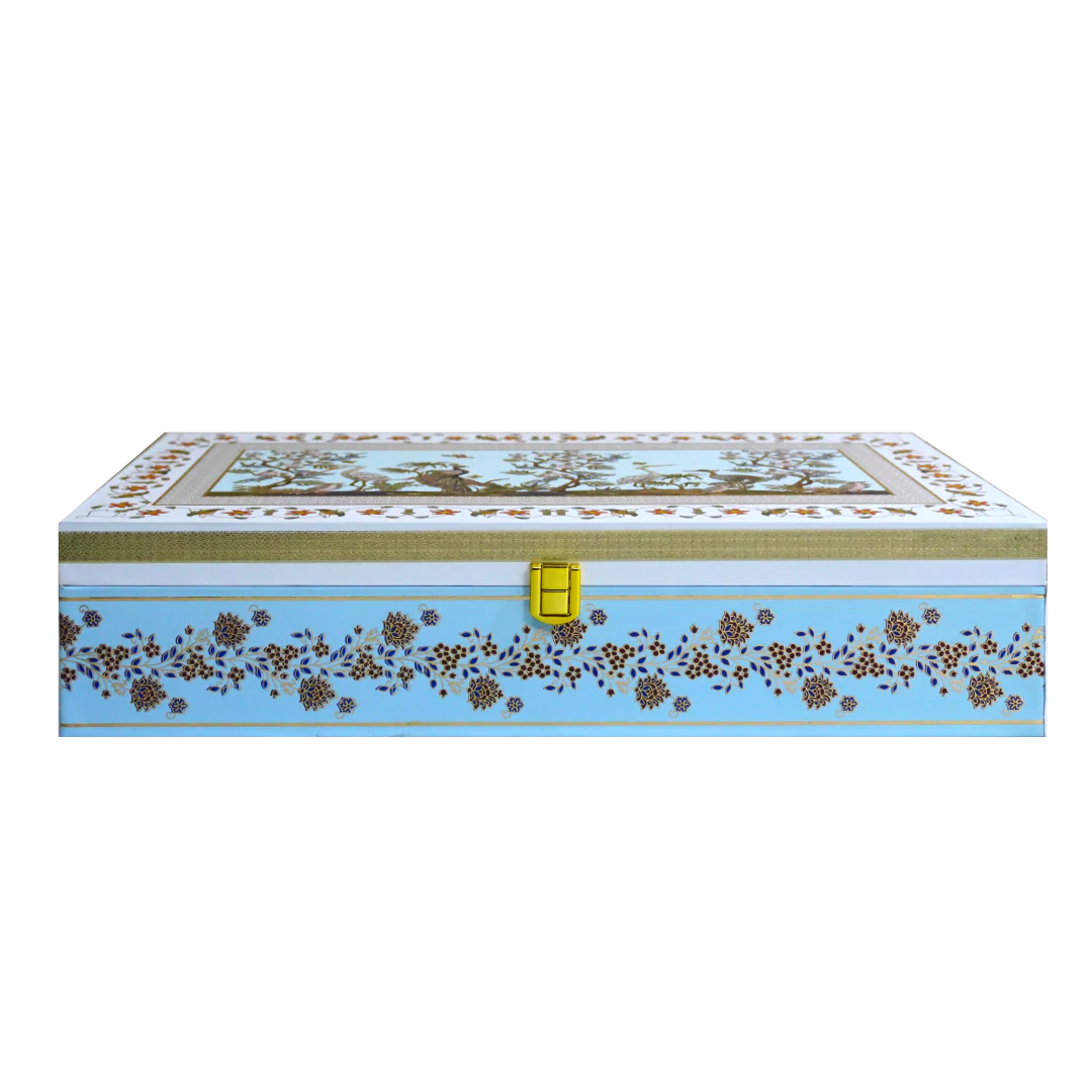 Luxury Peacock Art MDF Gifting Trunk Box (40cm) with Mughal/Pichwai style Peacock and Flora art