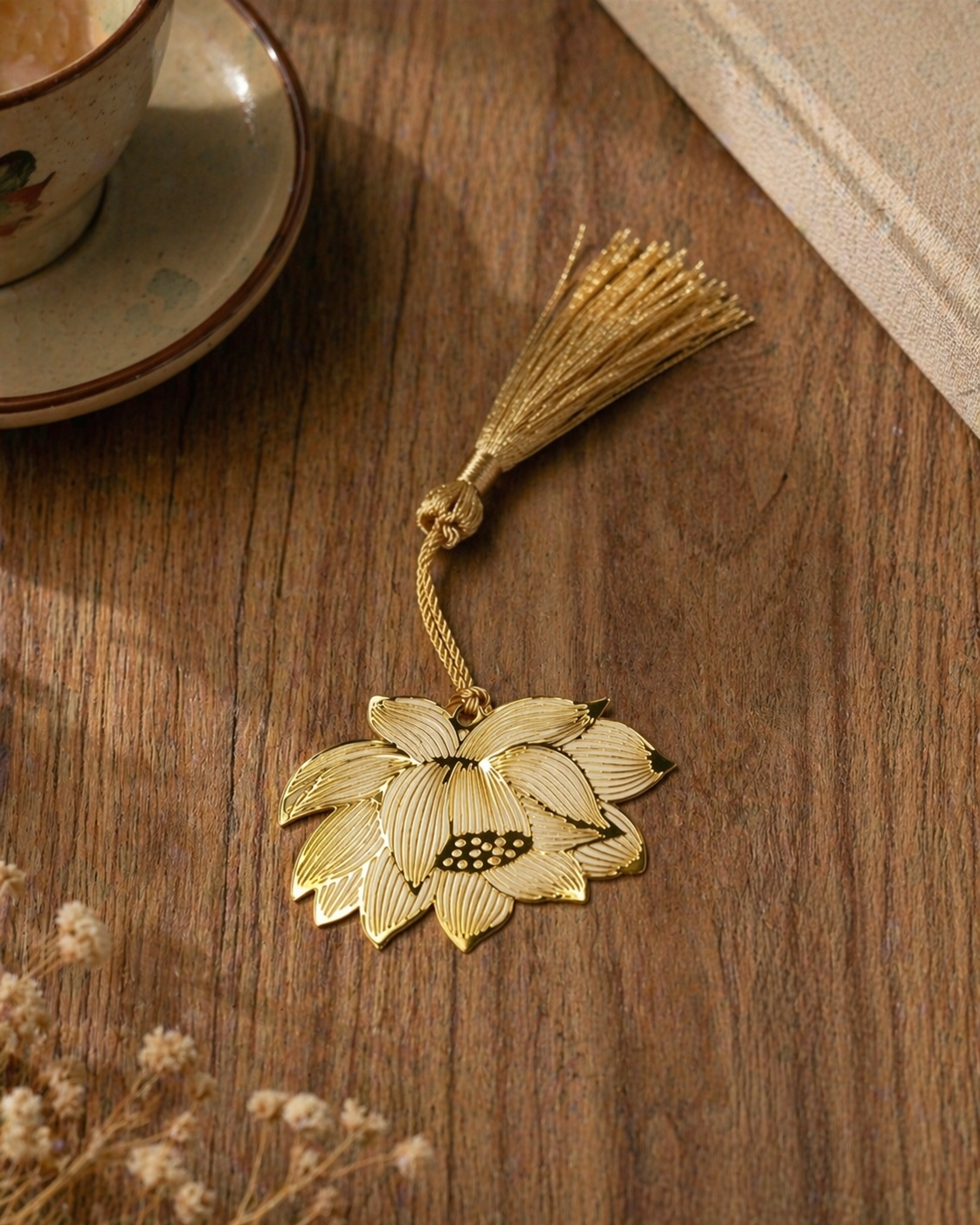 Gold Lotus Metal Bookmark with Tassel — Hollow Engraved | 15.5 cm (Pack of 2)