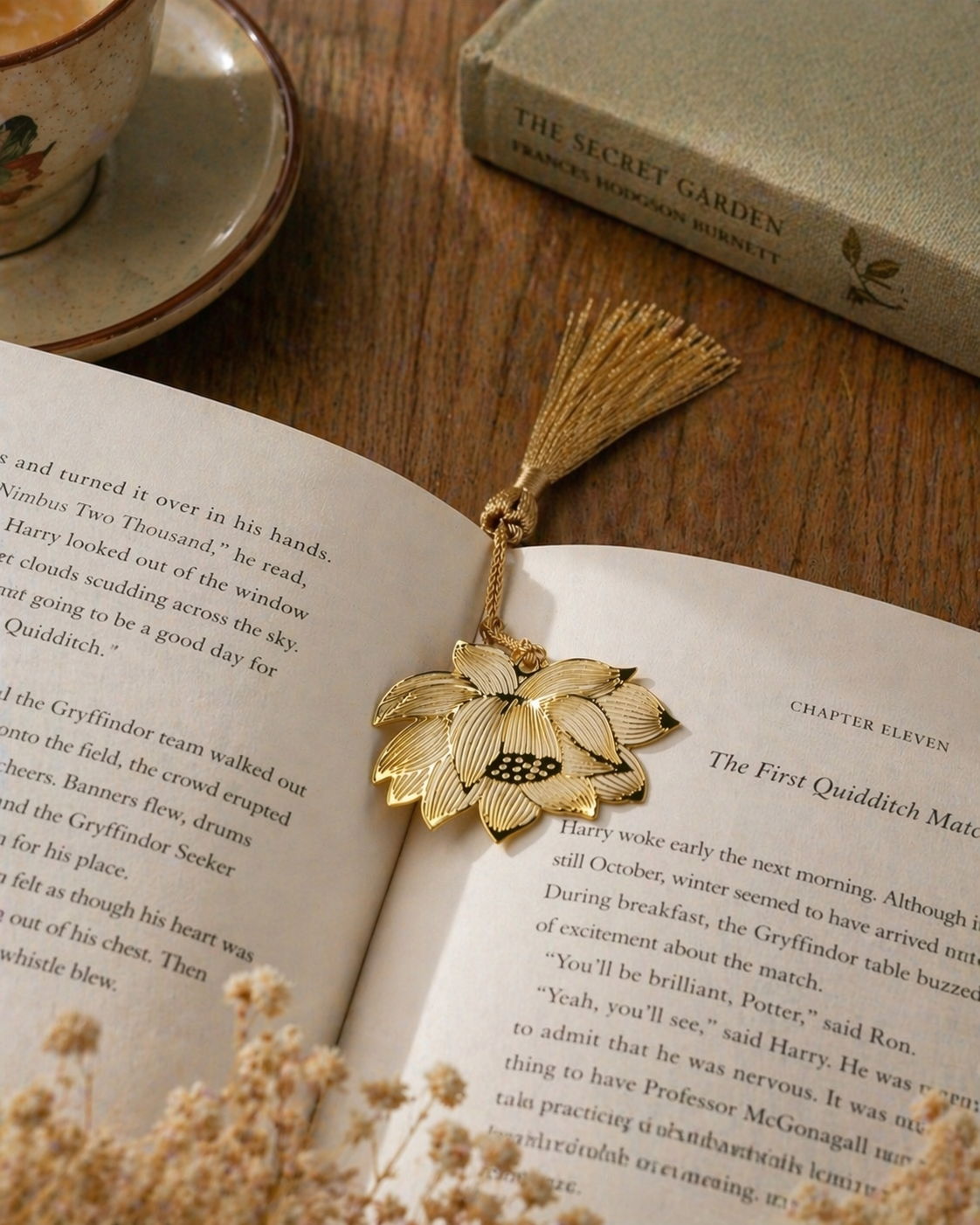 Gold Lotus Metal Bookmark with Tassel — Hollow Engraved | 15.5 cm (Pack of 2)