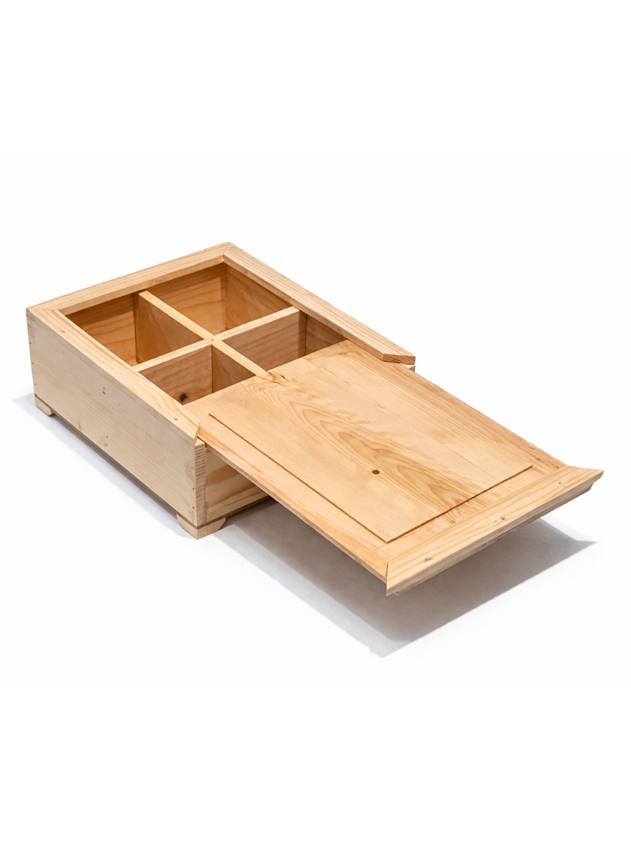 Pine Wood Storage Box with Lid - 4 Compartment Organizer with MDF Base