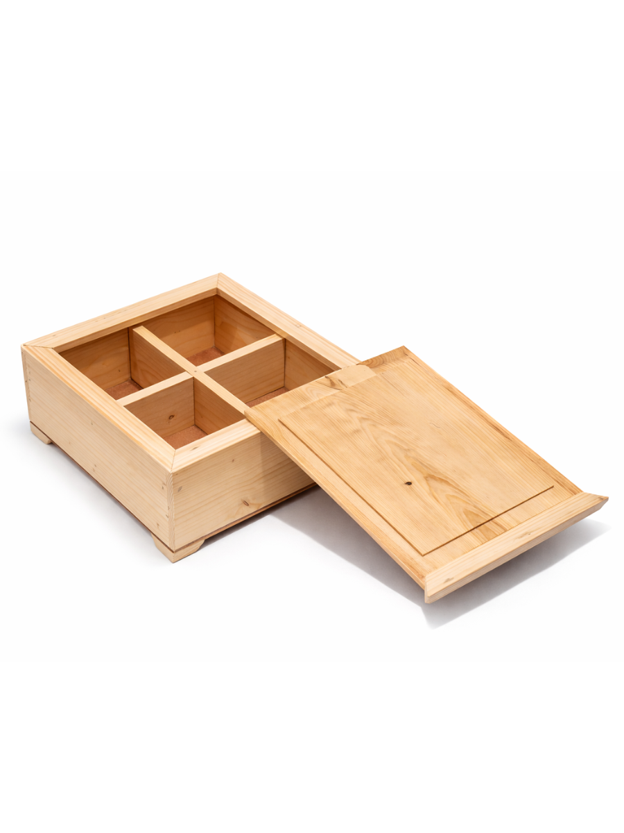 Pine Wood Storage Box with Lid - 4 Compartment Organizer with MDF Base