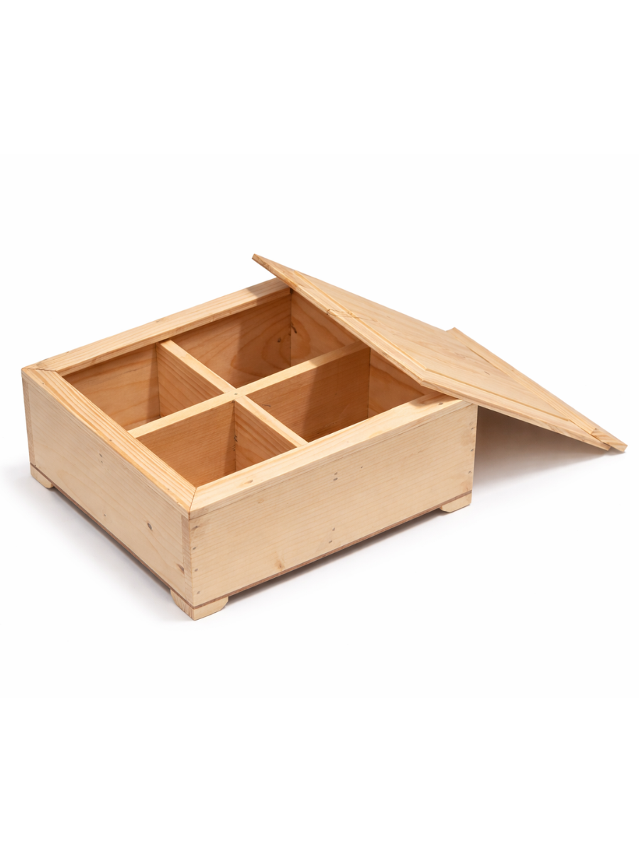 Pine Wood Storage Box with Lid - 4 Compartment Organizer with MDF Base