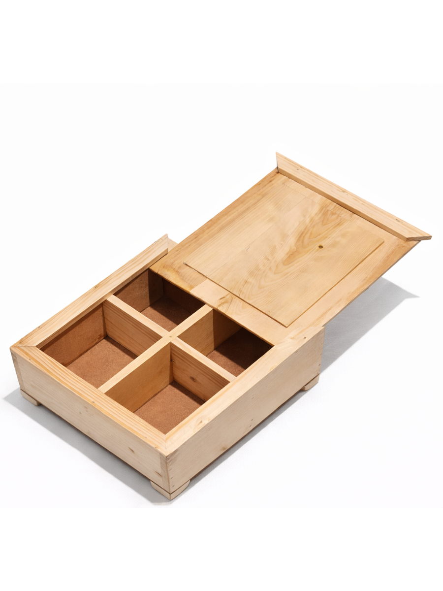Pine Wood Storage Box with Lid - 4 Compartment Organizer with MDF Base