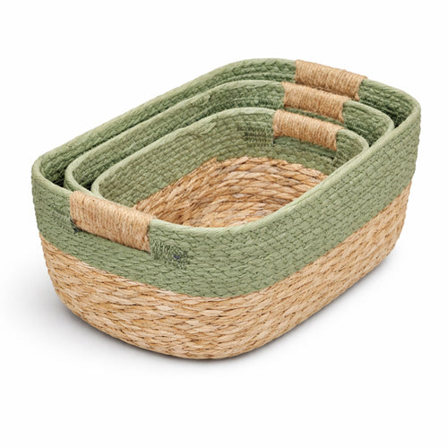 Set of 3 Boho Woven Storage Basket — Handcrafted Seagrass & Cotton Rope Organiser Baskets