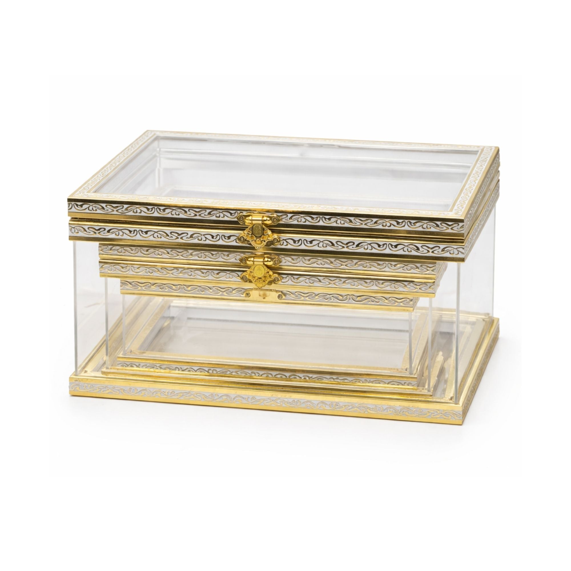 Decorative glass box with gold accents on a white background