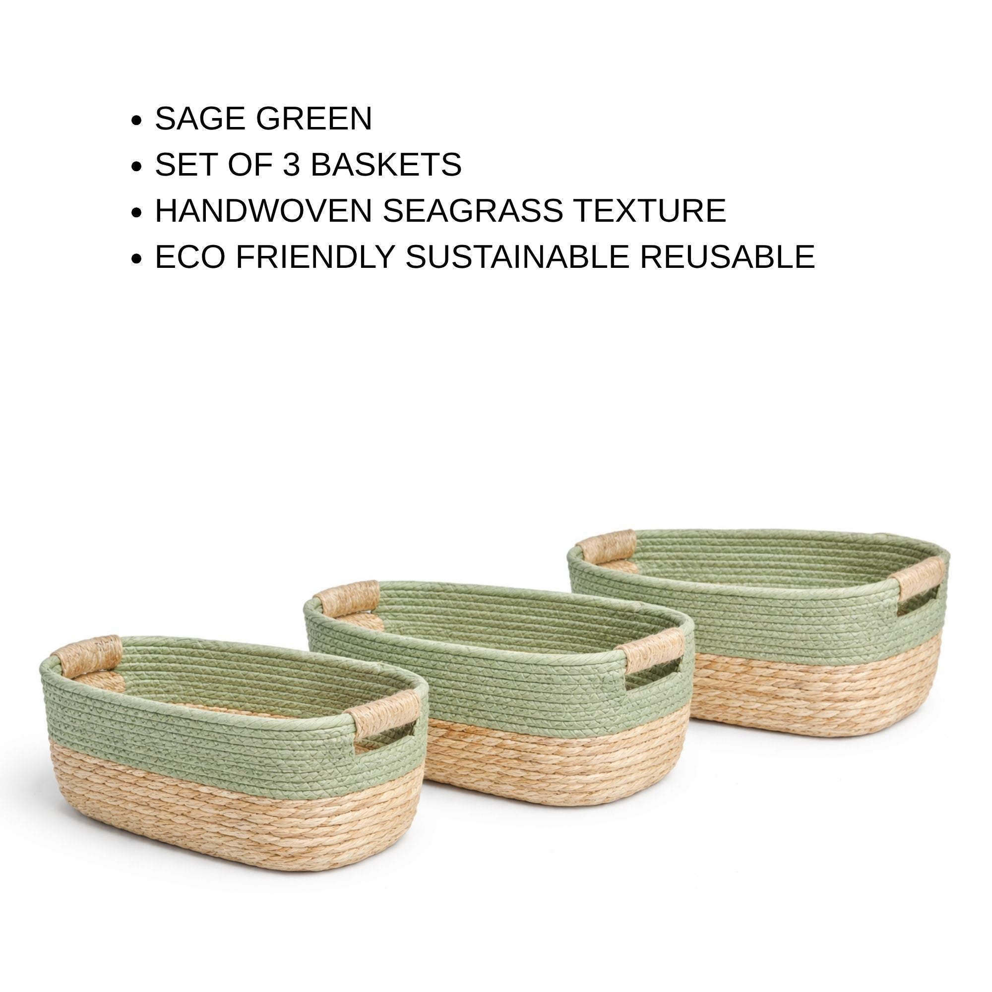 Set of 3 Boho Woven Storage Basket — Handcrafted Seagrass & Cotton Rope Organiser Baskets