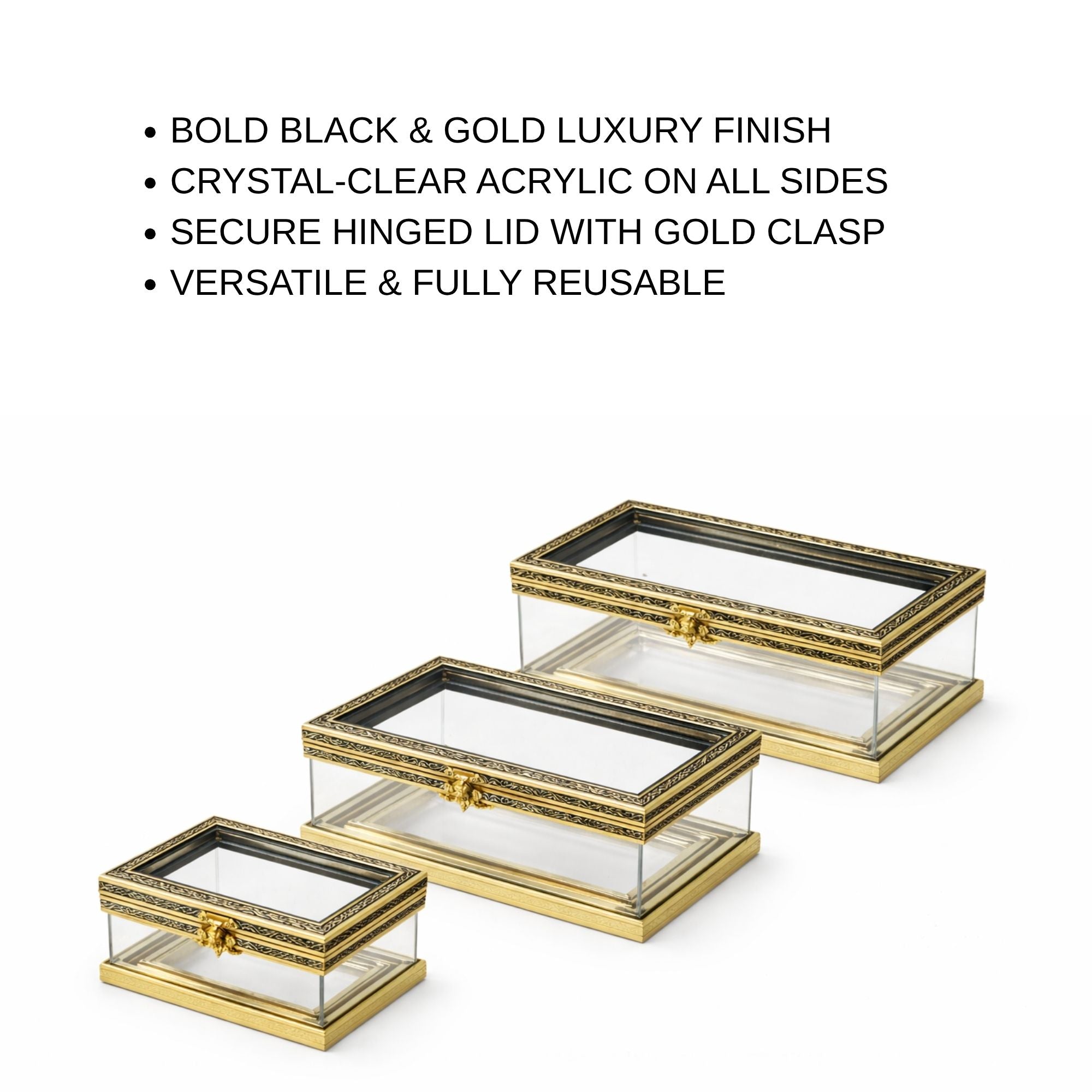 Gold-Trim Acrylic Display Box | Set of 3 | Trousseau & Gifting Packaging