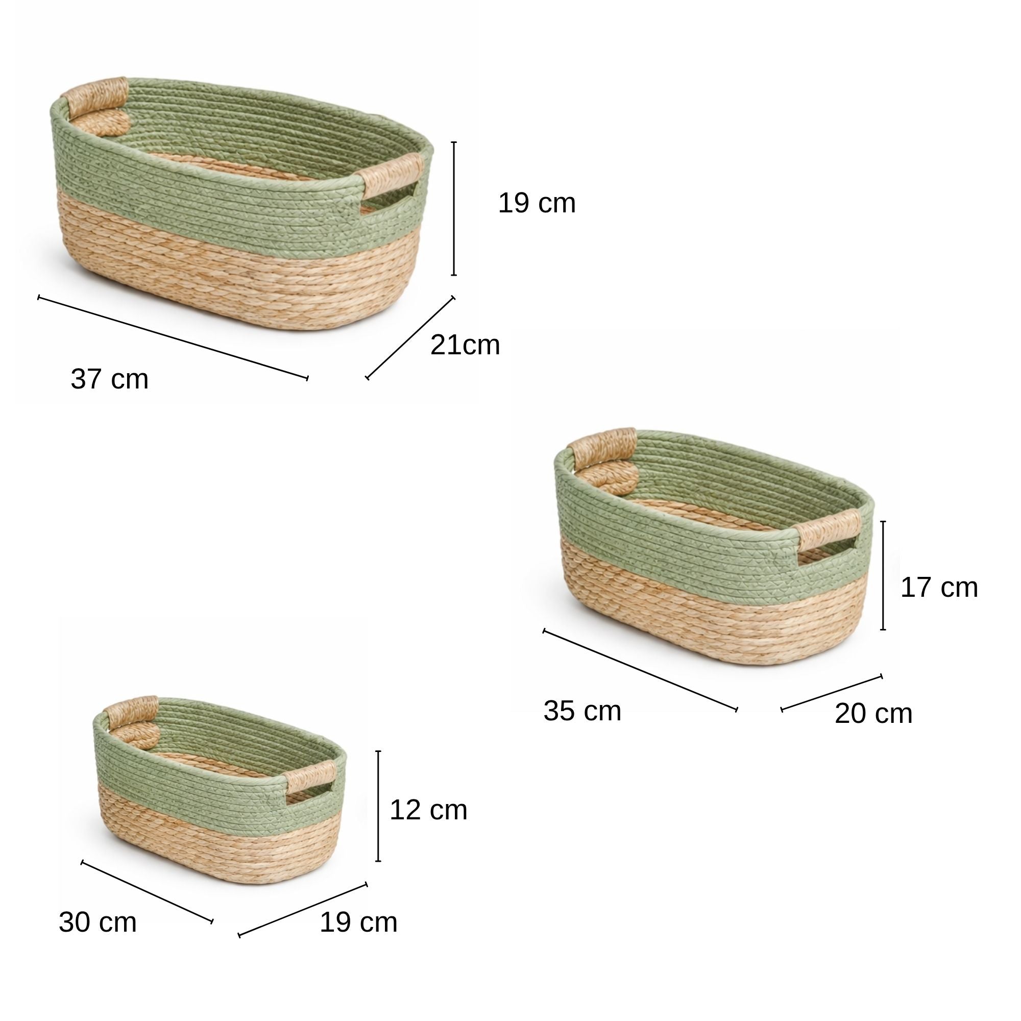 Dimensions of woven baskets with measurements labeled