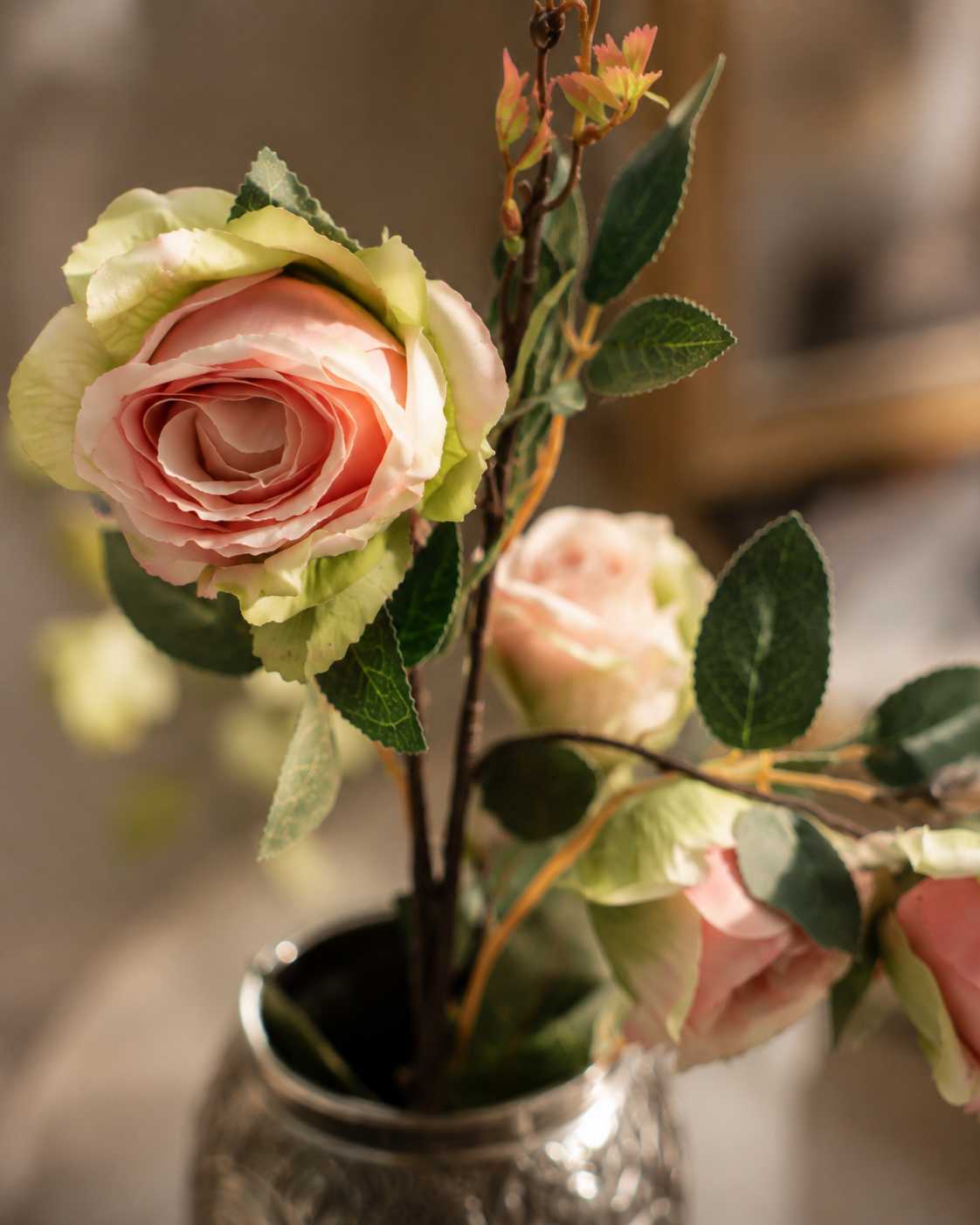 Artificial Rose Flower Spray | Multi-Head Garden Rose Stem with Buds | Burgundy Red & Dusty Pink | Home Décor