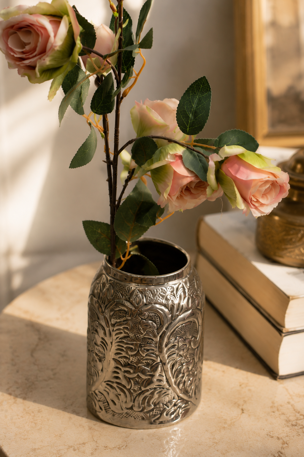 Artificial Rose Flower Spray | Multi-Head Garden Rose Stem with Buds | Burgundy Red & Dusty Pink | Home Décor