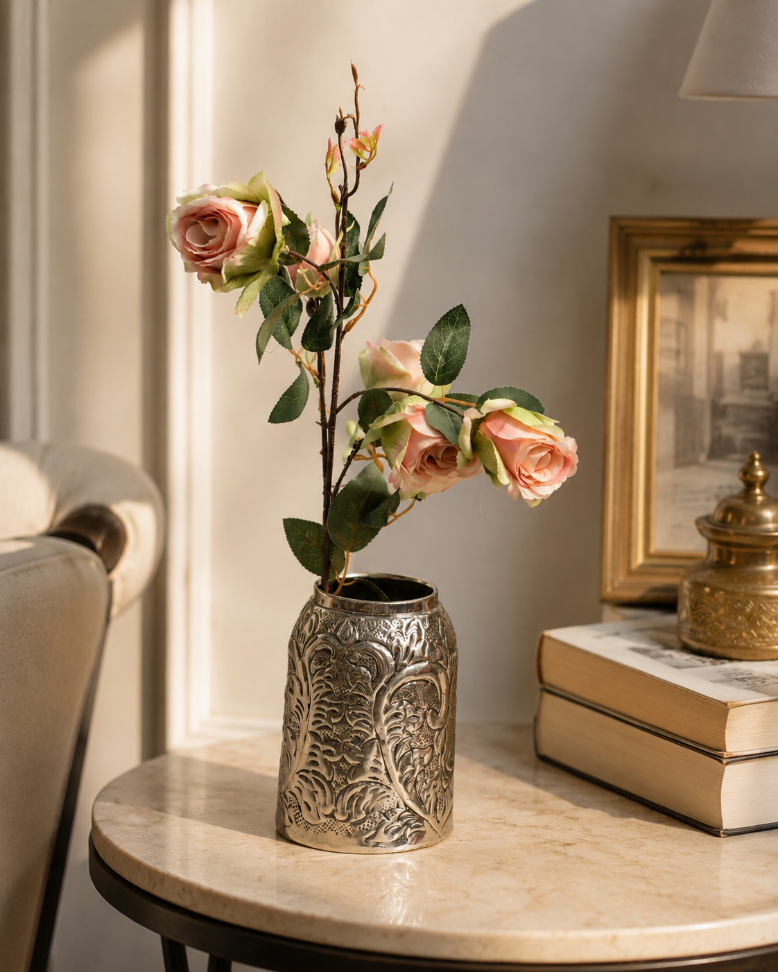 Artificial Rose Flower Spray | Multi-Head Garden Rose Stem with Buds | Burgundy Red & Dusty Pink | Home Décor