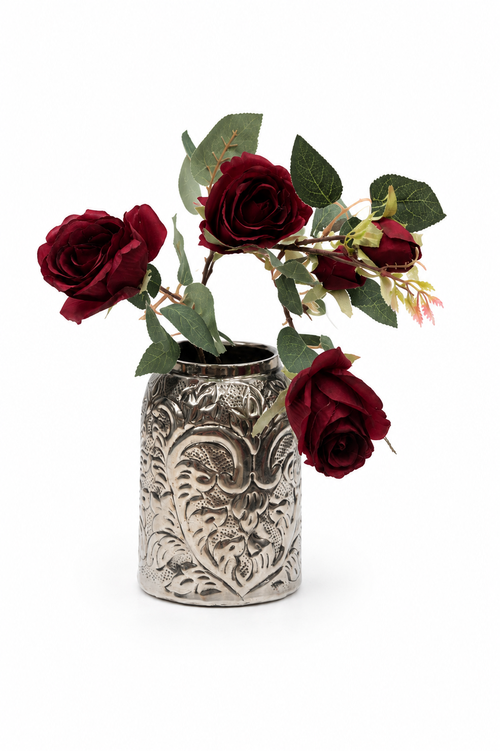 Artificial Rose Flower Spray | Multi-Head Garden Rose Stem with Buds | Burgundy Red & Dusty Pink | Home Décor