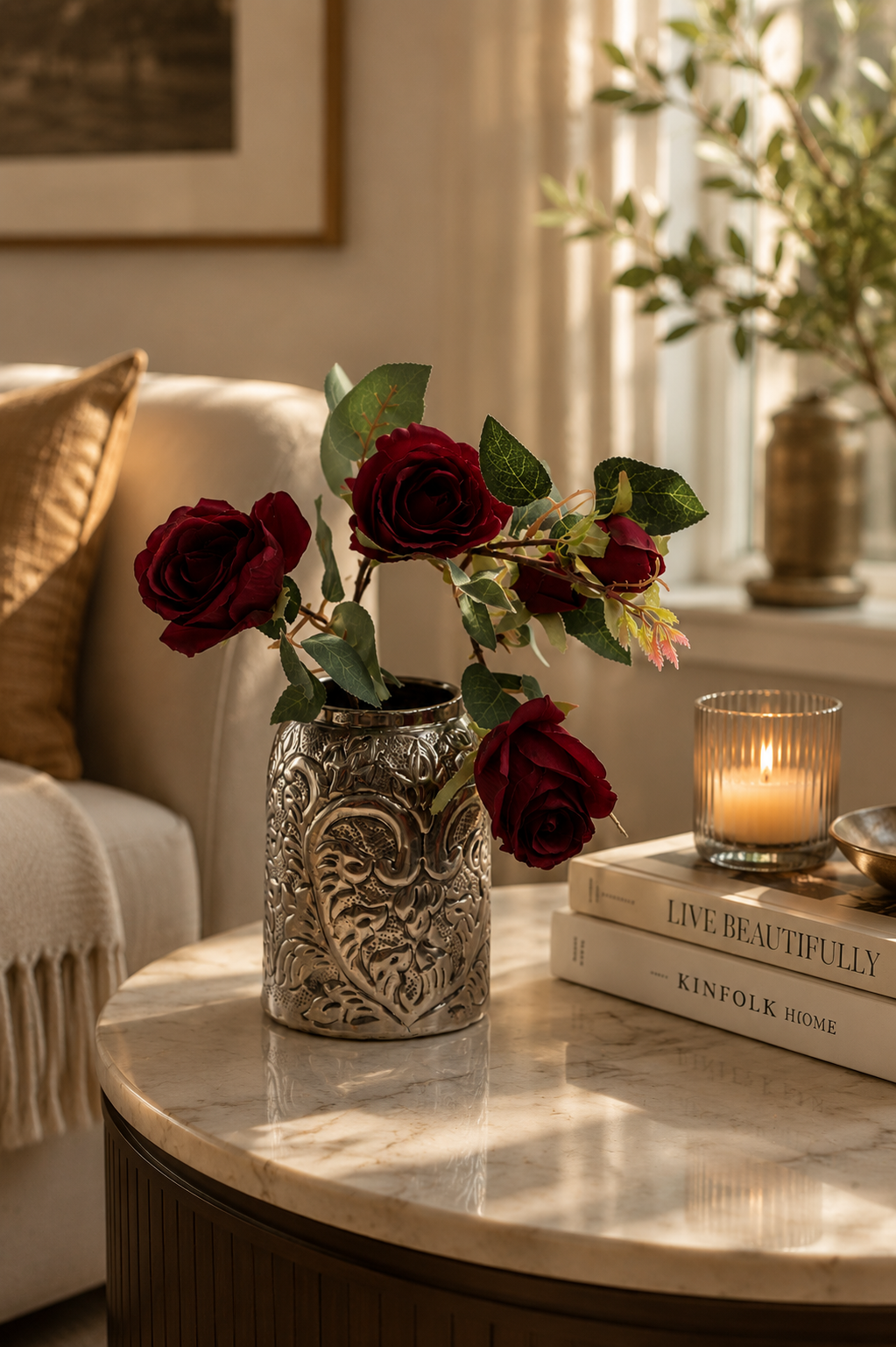Artificial Rose Flower Spray | Multi-Head Garden Rose Stem with Buds | Burgundy Red & Dusty Pink | Home Décor