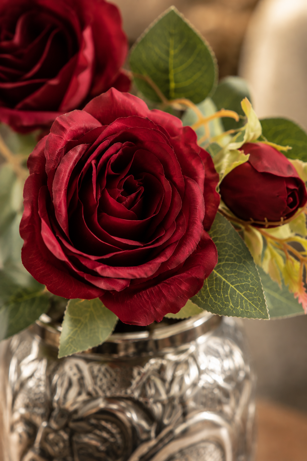 Artificial Rose Flower Spray | Multi-Head Garden Rose Stem with Buds | Burgundy Red & Dusty Pink | Home Décor