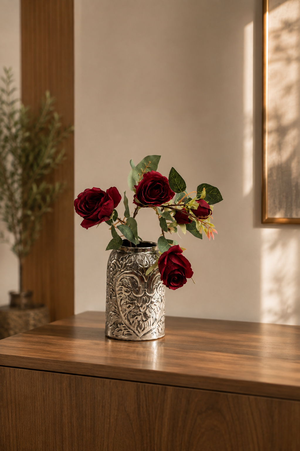 Artificial Rose Flower Spray | Multi-Head Garden Rose Stem with Buds | Burgundy Red & Dusty Pink | Home Décor