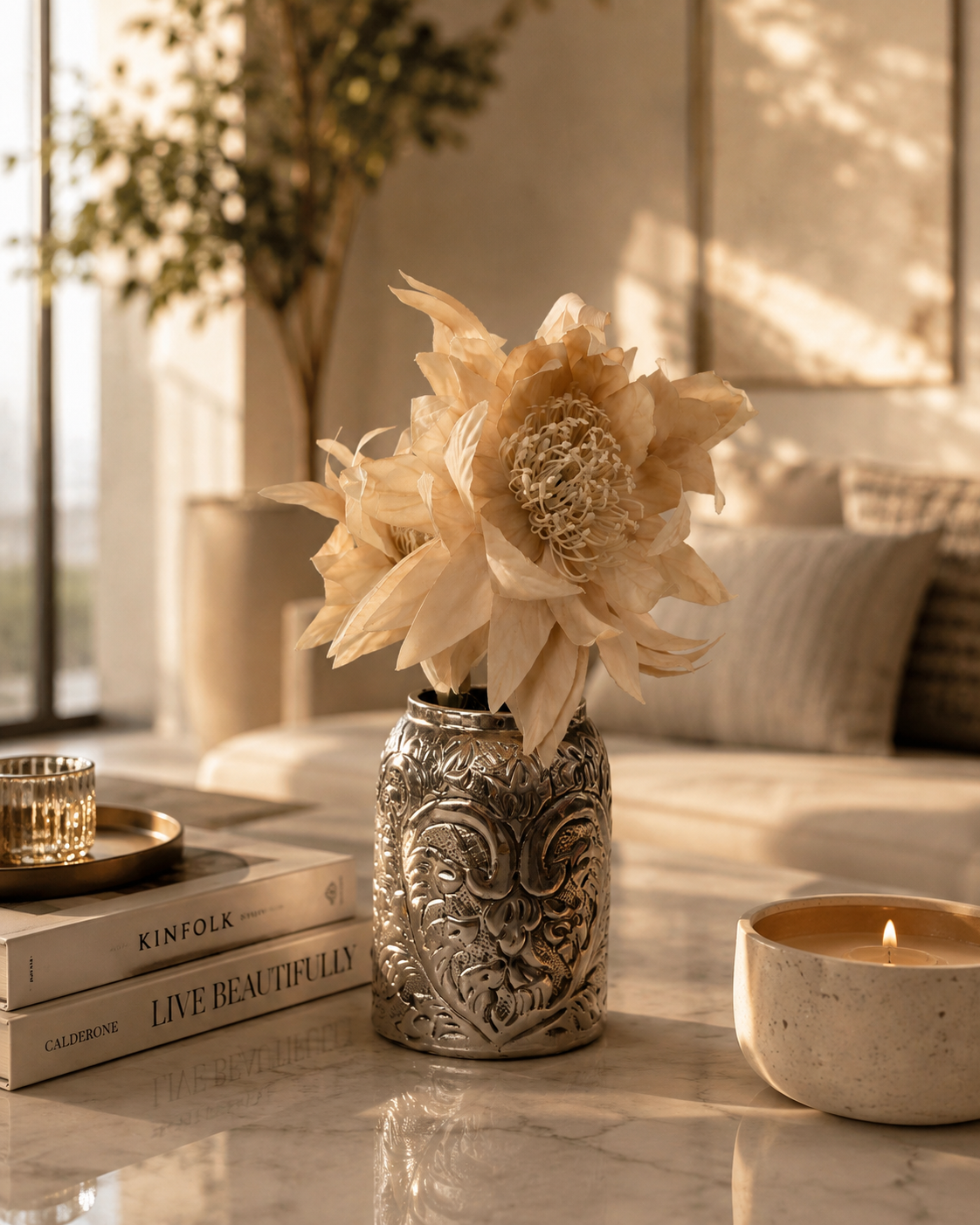 Artificial Protea Flower Stem (one stem) | Dried-Look Luxury Faux Flower | 49 cm | Home Décor