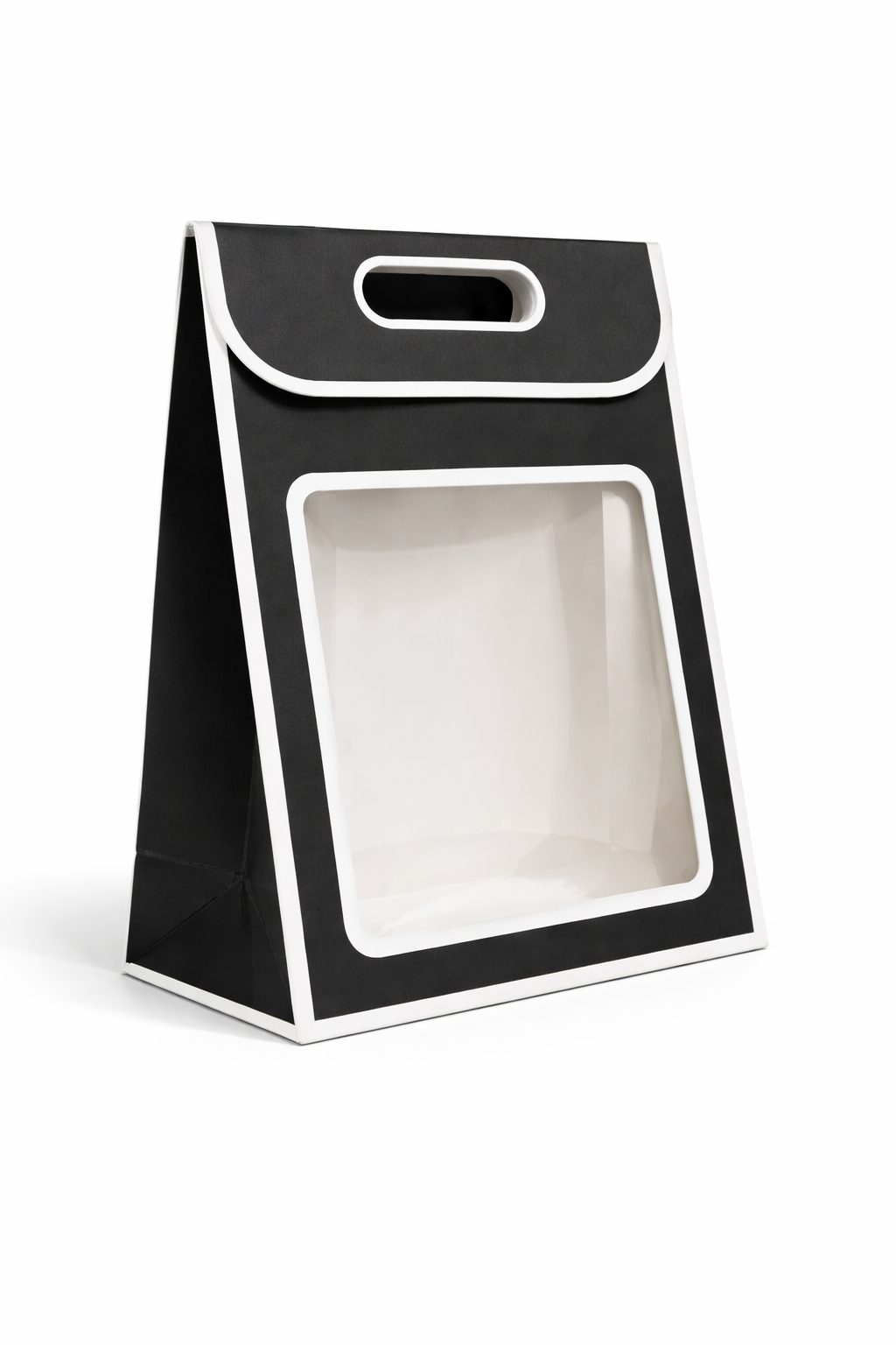 Big Window Gift Bag — Matte Black & White | Clear PVC Front Panel | Die-Cut Handle | Pack of 12