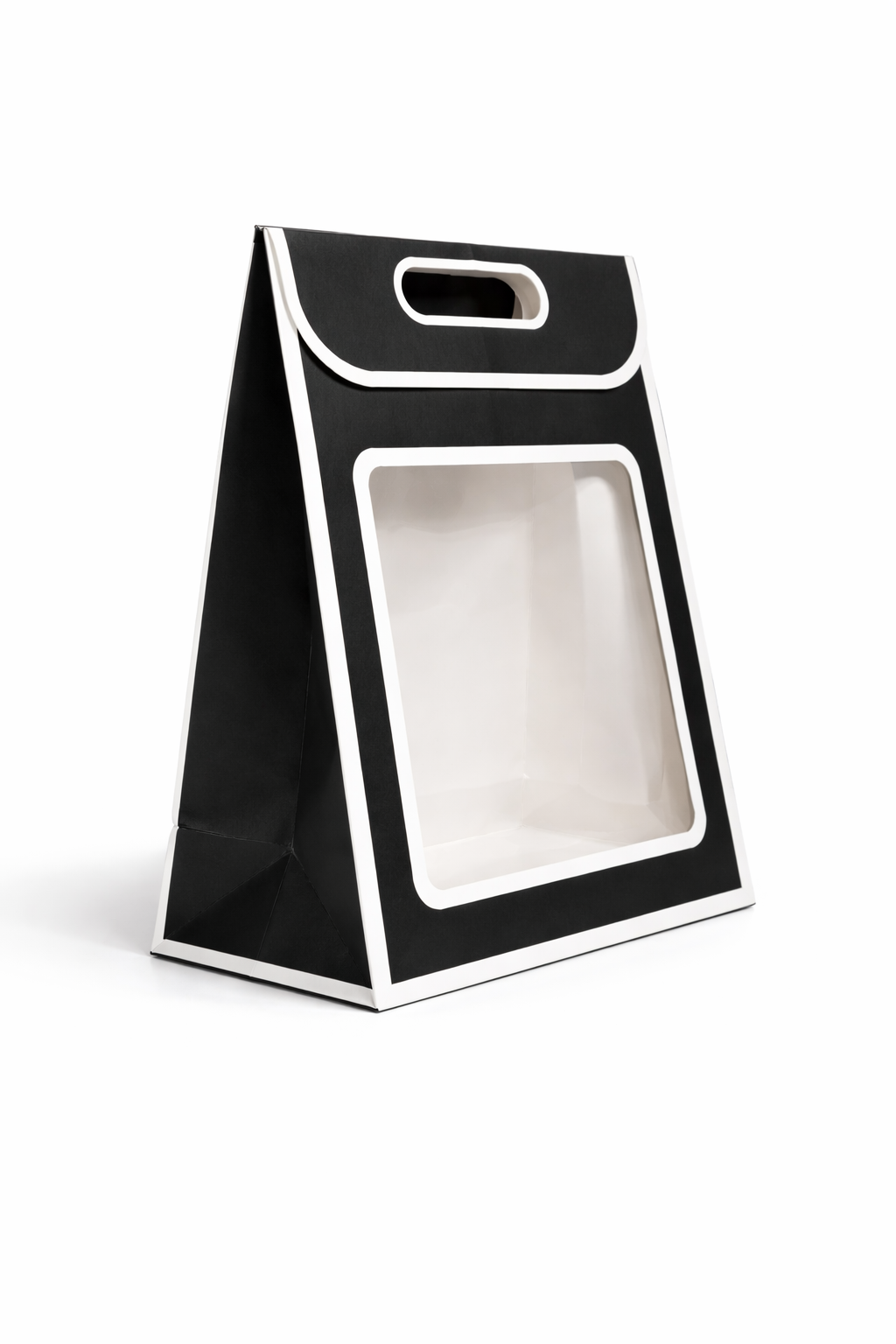 Big Window Gift Bag — Matte Black & White | Clear PVC Front Panel | Die-Cut Handle | Pack of 12