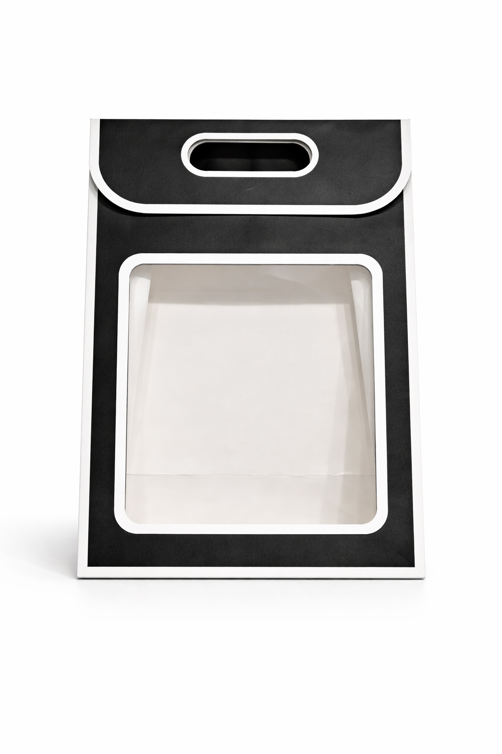 Big Window Gift Bag — Matte Black & White | Clear PVC Front Panel | Die-Cut Handle | Pack of 12