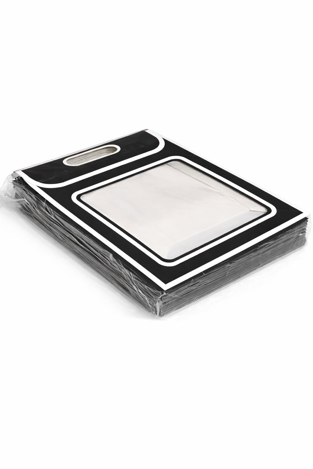 Big Window Gift Bag — Matte Black & White | Clear PVC Front Panel | Die-Cut Handle | Pack of 12