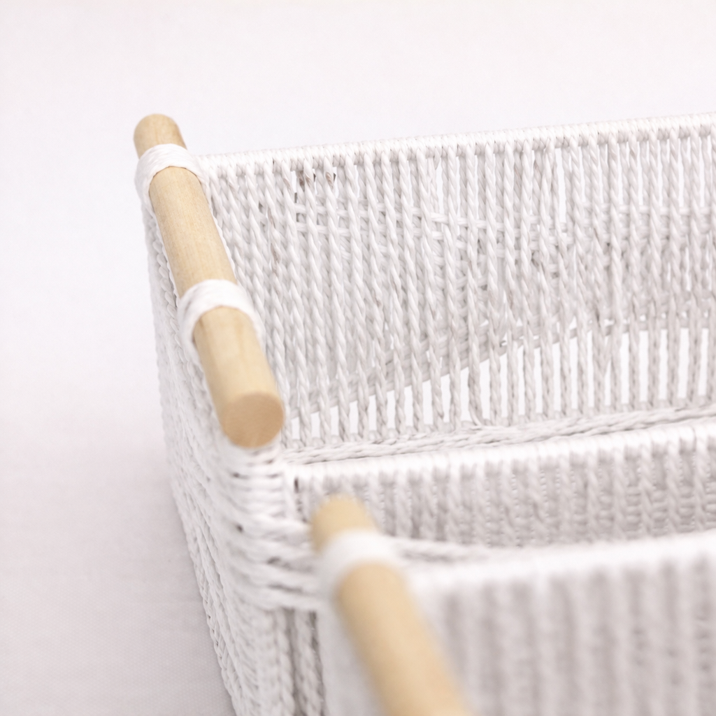 Set of 3 Woven Paper Rope Storage Baskets with Wood Handles & Metal Frame