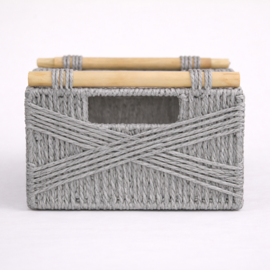 Set of 3 Woven Paper Rope Storage Baskets with Wood Handles & Metal Frame