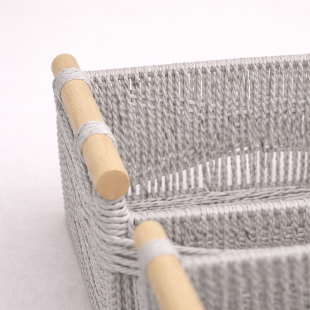 Set of 3 Woven Paper Rope Storage Baskets with Wood Handles & Metal Frame