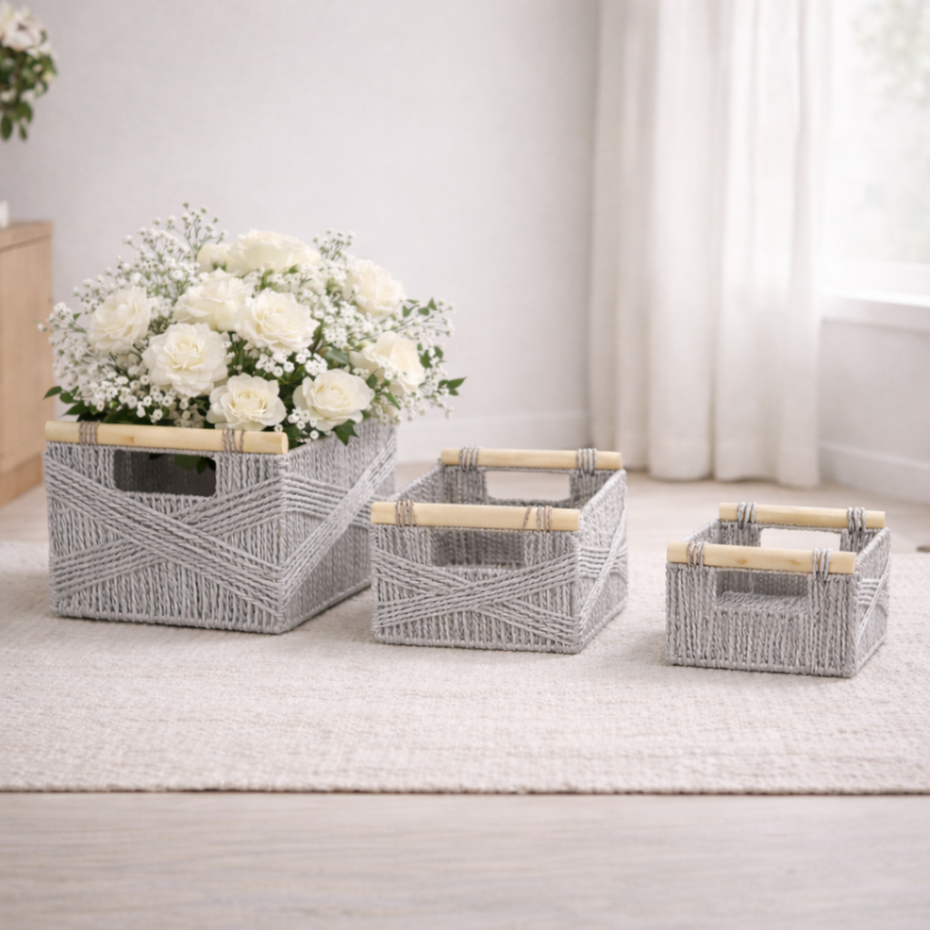 Set of 3 Woven Paper Rope Storage Baskets with Wood Handles & Metal Frame